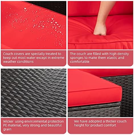 Shintenchi 7 Pieces Patio Furniture Sets Outdoor All-Weather Sectional Patio Sofa Set PE Rattan Manual Weaving Wicker Patio Conversation Set with Glass Table&Ottoman Cushion and Red Pillows, Red