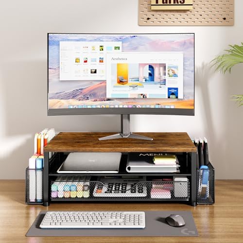 OPNICE Desk Organizer and Accessories, 2-Tier Computer Monitor Stand Riser with Drawer and 2 Pen Holders, Laptop Stand, Office Desk Accessories for Office Supplies, Brown