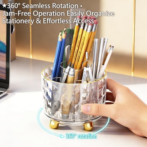 GOTOBA 360° Rotating Pencil Holder for Desk, Makeup Brush Holder with 6 Slots, Desk Organizer for Writing Utensil, Office and School Supplies (Transparent)