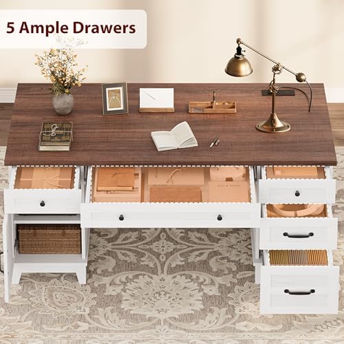GarveeHome Executive Desk with File Drawers, Farmhouse Home Office Desk with Charging Station, 60 in Wooden Computer Desk with Cabinet Storage for Work Study Writing, White Walunt