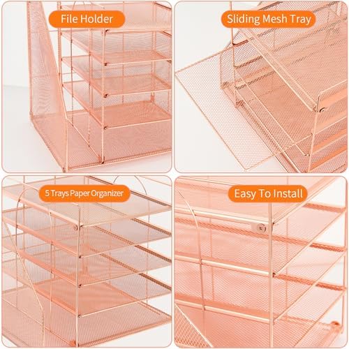LEKETREE Desk Organizers and Accessories, 5-Tier Paper Letter Tray Organizer with File Holder, Desktop Organizer for Office Supplies (Rose Gold)