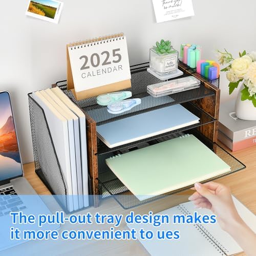 OPNICE Desk Organizer, 4-Tier Desktop File Organizer with Drawer and Pen Holders, Office Desk Accessories, File Sorters, Workspace Organizers for Office Supplies(Brown Wood)
