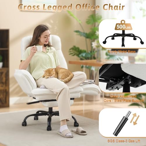 Wider Seat Office Chair with Flip Armrests for Criss Cross Legged&Cats, Big and Tall Executive Ergonomic Reclining Chair with Footrest&Lumbar Pillow, Teddy Fleece Desk Chair,White Vanity Chair