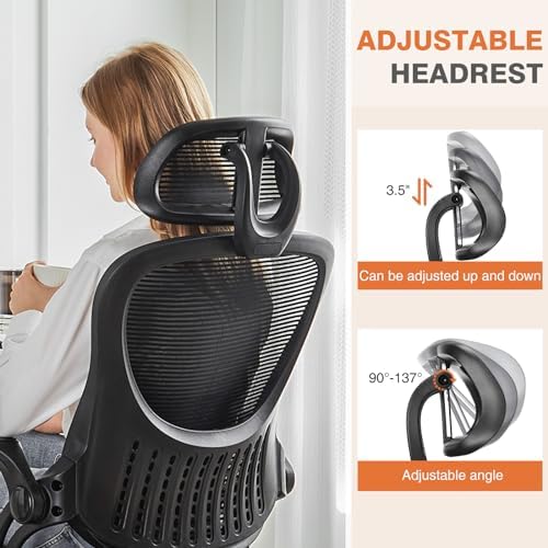 Sweetcrispy Home Office Managerial Executive Chair, High-Back Mesh with Adjustable Headrest, Flip-up Armrest Comfortable Lumbar Support, Comfy Arms for Bedroom,Study,Student