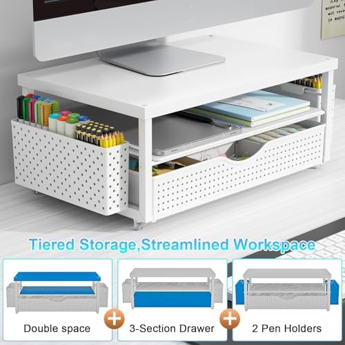 gianotter Desk Organizers and Accessories, Monitor Stand with Drawer and 2 Pen Holder, Desktop Organizer Suitable for Offices and Dormitories (Matte White)