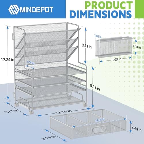 MINDEPOT 4-Tier Paper Organizer + 3-Pocket File Holder + Drawer + Pen Holders, Desktop File Organizers Paper Tray for Office Supplies School Classroom Organization (Silver, with Drawer & Pen Holder)