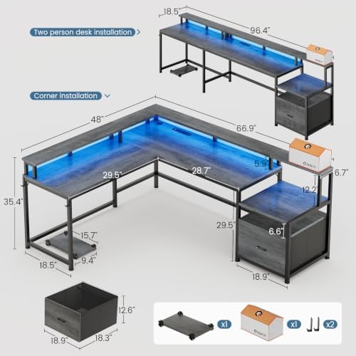 SEDETA 66" Reversible L Shaped Computer Desk with Power Outlet, File Drawer