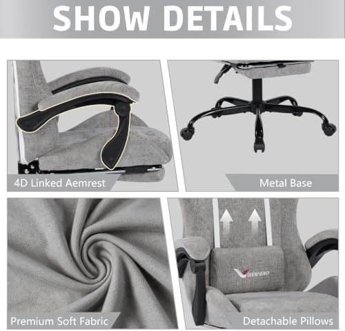 Fabric Gaming Chair for Adults, Ergonomic Computer Office Desk Chair with Footrest,Pocket Spring Cushion, Reclining High Back Silla Gamer for Home Office, Light Grey