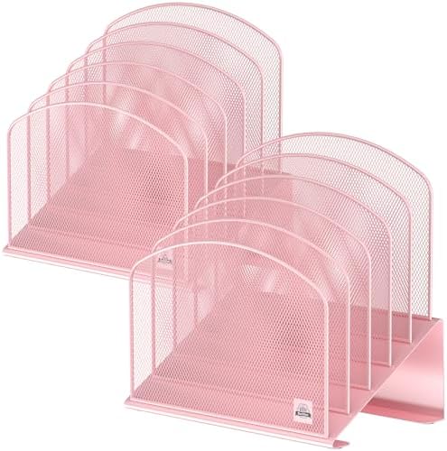 Delifox Inclined Desk File Organizer,Vertical File Folder Holder Stand Metal Rack File Sorter for Office Classroom Desktop Organization (2, Pink, 5)