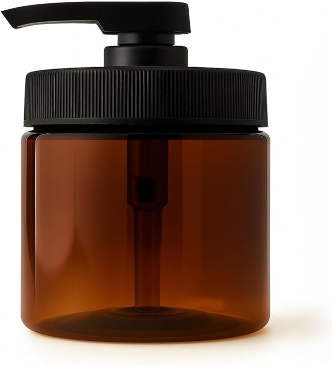 Royal Massage 16oz Refillable Pump Jar with Locking Dip Tube Dispenser – BPA-Free Plastic Container for Massage Oils, Lotions, Creams – Ribbed Lid Wide-Mouth Jar – Durable & Reusable (Amber/Black, 12)
