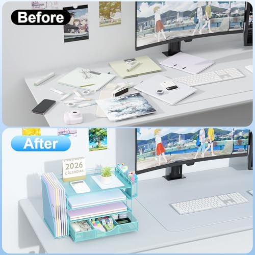 gianotter Desk Organizers and Accessories with File Holder, 4-Tier Desk Accessories & Workspace Organizers with Drawer and 2 Pen Holder, Paper Organizer for Office Supplies (Blue)