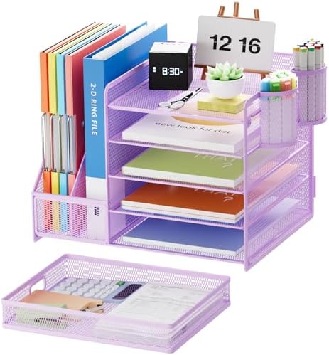 Marbrasse Desk Organizer with File Holder, 5-Tier Paper Letter Tray Organizer with Drawer and 2 Pen Holder, Mesh Desktop Organizer and Storage with Magazine Holder for Office Supplies(Purple)