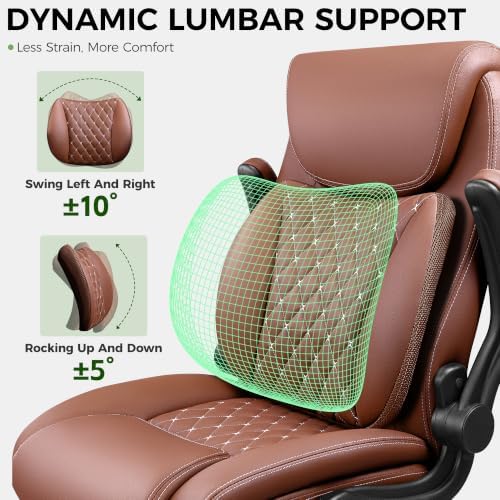 Office Chair, Ergonomic Executive Desk Chair with Lumbar Support for Lower Back Pain Relief, Padded Flip-Up Armrests, Leather Home Office Chair, Brown
