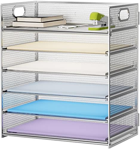 Marbrasse Paper Letter Tray - 6 Tier Mesh File Organizer with Handle, Paper Sorter for Letter/A4 Office File Folder Holder - Silver