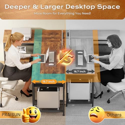 PRAISUN 63 Inch L Shaped Office Desk with Power Outlets and Type-C Port, Large Computer Gaming Desk with 3 Fabric Drawers, Mesh Shelves, Corner Study Work Writing Desk, Rustic Brown