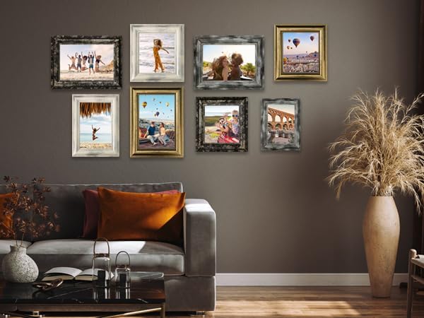 8x8 Picture Frames Set of 4,Rustic Retro Photo Frame with Real Glass Vintage Photo Frames Gold Frames for Home Wall Decor