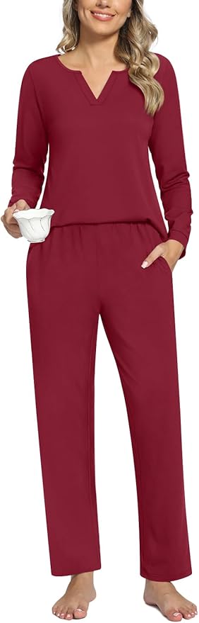 Anyally Women's Plus Size Pajama Sets Ladies Fall Pjs 2 Pieces Lounge Outfits V Neck Long Sleeves Sleepwear with Pockets