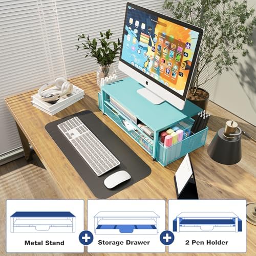 OPNICE Desk Organizer and Accessories, 2-Tier Computer Monitor Stand Riser with Drawer and 2 Pen Holders, Laptop Stand, Office Desk Accessories for Office Supplies, Teal Blue