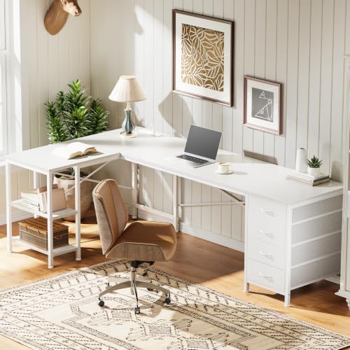 Huuger 63 Inch L Shaped Desk with Fabric Drawers, Reversible Computer Gaming Desk with Power Outlets and USB-C Port, Adjustable Side Storage Shelves, for Work Study Corner Home Office, White