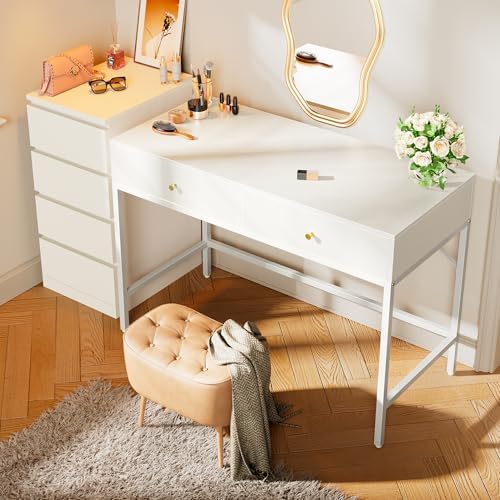 SUPERJARE White Vanity Desk with Drawers, 47 inch Computer Desk