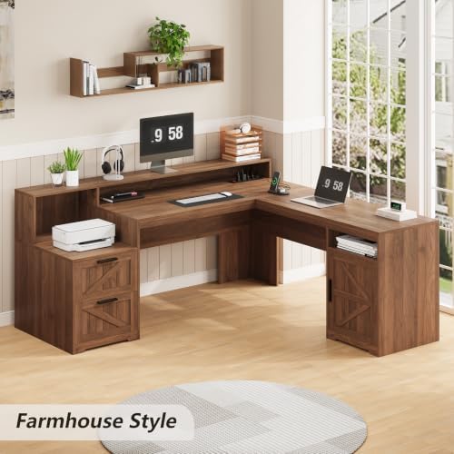 Farmhouse L Shaped Desk with Drawers & Printer Shelf for Home Office