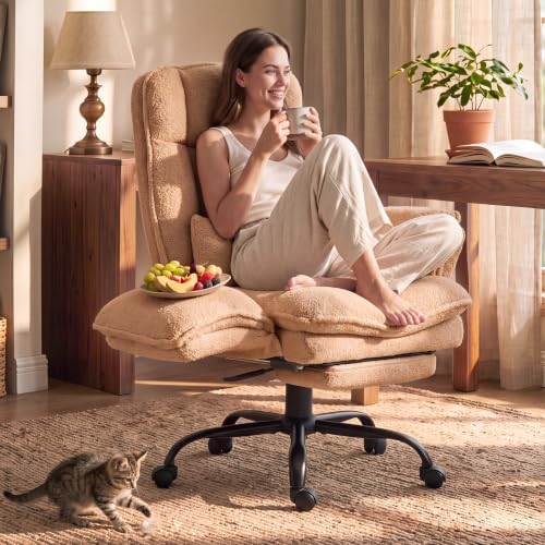 Wider Seat Office Chair with Flip Armrests for Criss Cross Legged&Cats, Big and Tall Executive Ergonomic Reclining Chair with Footrest&Lumbar Pillow, Teddy Fleece Desk Chair,Brown Vanity Chair