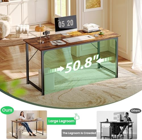 Huuger Computer Desk, 55 Inch Home Office Desk, Gaming Writing Work from Home Study Desk, Large Legroom, Sturdy Metal Frame, Modern Simple, Rustic Brown