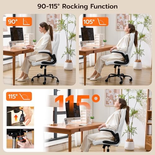 Ylzyxal Office Desk Chair, Ergonomic Computer Chair with Padded Flip-Up Arms and Adjustable Lumbar Support, PU Leather Executive Chair with Tilt Lock and 360° Swivel Rolling Wheels for Work, Study