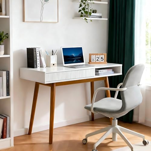 Artswish White Wood Desk with Drawer, 42" Mid Century Modern Writing Desk