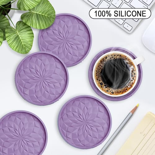 ME.FAN Silicone Coasters with Holder,[6 Pack] Drinking Coasters - Cup Mat for Hot or Cold Drinks, Thickened, Non-Slip, Non-stick,Deep Tray Light Purple