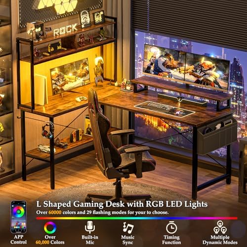 Aheaplus L Shaped Gaming Desk with Power Outlets & LED Lights, Rustic Brown