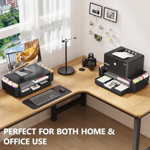 OPNICE Desk Organizers and Accessories, Computer Monitor Stand Riser with Drawer and 2 Pen Holders, Printer & Laptop Stand, Office Desk Accessories & Workspace Organizers for Home Office Supplies, Black 2-Pack