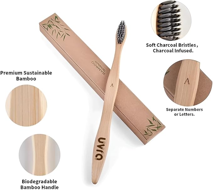 Bamboo Toothbrushes for Adults - 10 Pack Eco-Friendly, Biodegradable, Charcoal-Infused Soft Bristles Bamboo Toothbrush - Sustainable Plastic Free, Compostable Natural Wooden Toothbrushes