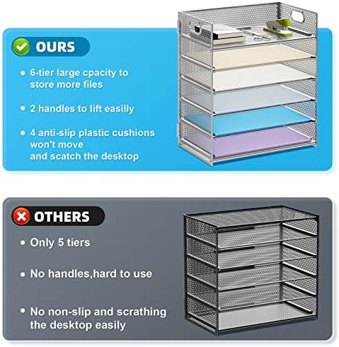 Marbrasse Paper Letter Tray - 6 Tier Mesh File Organizer with Handle, Paper Sorter for Letter/A4 Office File Folder Holder - Silver