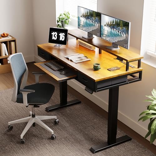 AODK 55 Inch Standing Desk with Drawers & Keyboard Tray, Rustic Brown