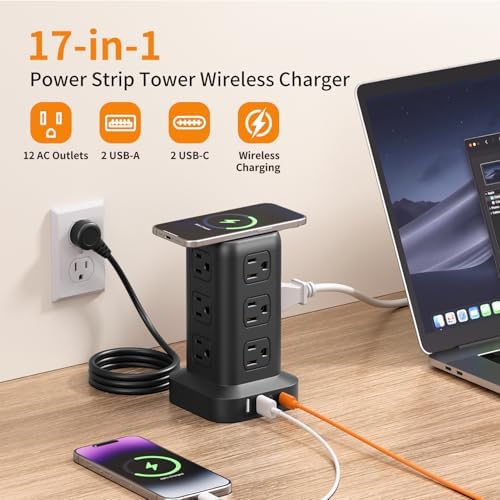 Extension Cord with Multiple Outlets, SMALLRT Power Strip Tower, 10FT Outlet Extender with 12 AC Outlets 4 USB, Power Strip with USB Ports for Home Office Dorm Room,Overload Protection