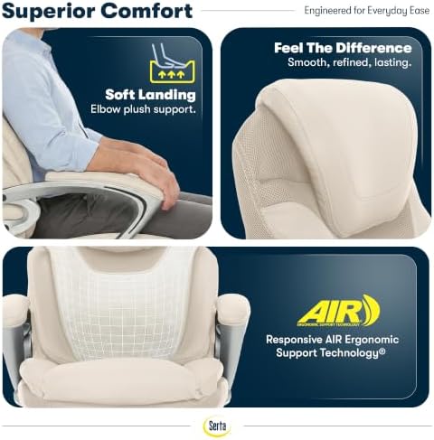 Serta Bryce Executive Office Chair - Ergonomic Computer DeskChair with Lumbar Technology - Adjustable Height - Memory Foam Body Pillows - 360° Swivel Rolling Base - Bonded Leather - Cream
