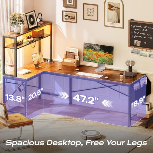 PRAISUN L Shaped Gaming Desk with LED Lights & Power Outlets