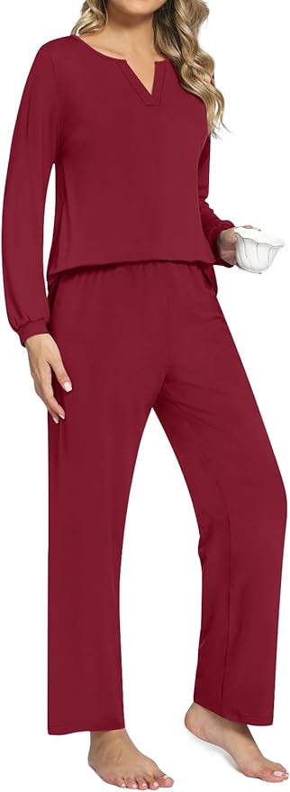 Anyally Women's Plus Size Pajama Sets Ladies Fall Pjs 2 Pieces Lounge Outfits V Neck Long Sleeves Sleepwear with Pockets