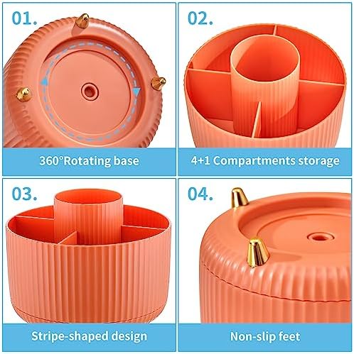 Marbrasse Desk Organizer, 360-Degree Rotating Pen Holder, Desk Organizers and Accessories with 5 Compartments Pencil Holder, Art Supply Storage Box Caddy for Office, Home（Orange）