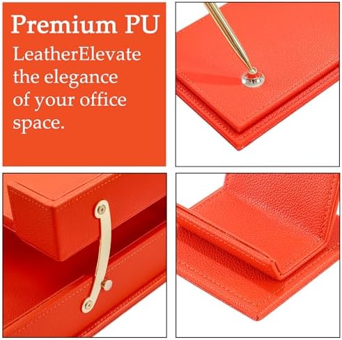 Luxury Executive Leather Desk Organizer Set –13-Piece Office Desk Accessories with Desk Pad, Letter Tray, Phone Stand, Pen Holder & Coasters – Professional Office Desk Decor & Gift (Orange)