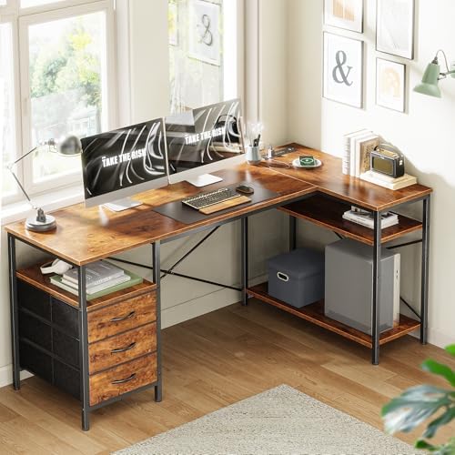 Huuger L Shaped Office Desk with Power Outlets & 3 Drawers