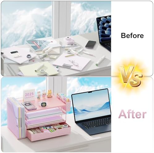 Wood Desk Organizers and Accessories with File Holder, 4-Tier Desk Accessories & Workspace Organizers with Drawer and Pen Holder, Desk Reference Organizer (Pink, 4T with Drawer)