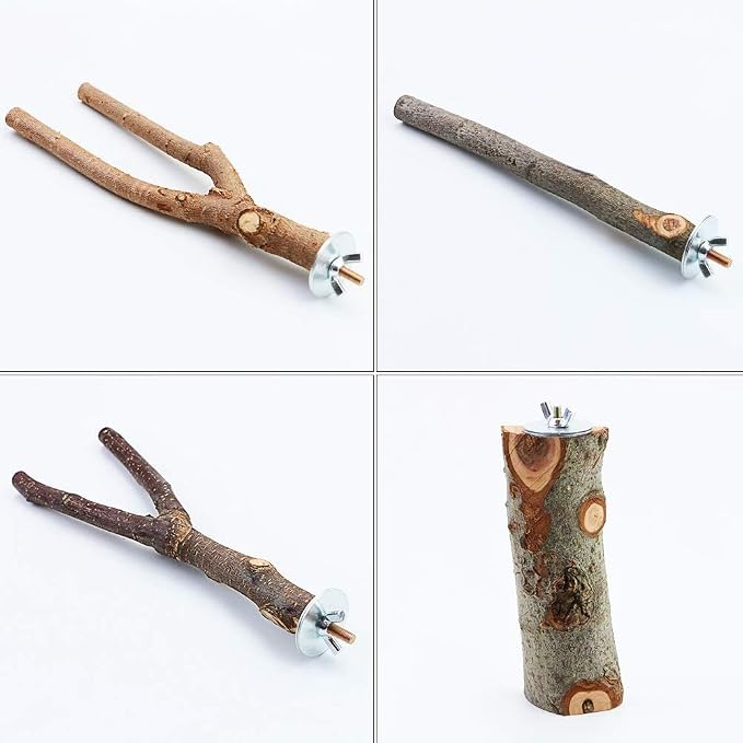 4 Pack Natural Wood Bird Perch Set for Parakeet Cage | Textured branches & platform tailored to small/medium birds; untreated timber aiding safe beak care; tool-free mount