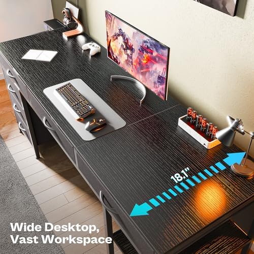 Huuger Computer Desk with 6 Drawers, Office Desk with Shelves, Reversible Gaming Desk, Corner Desk with Storage, Work for Home Office, Study, Living Room, 63inch, Black