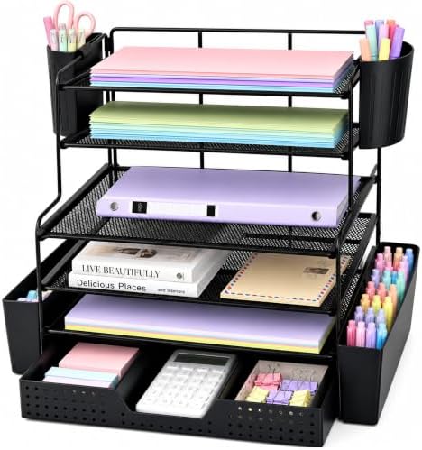 OPNICE Desk Organizer, 6-Tier Desktop File Organizer with Drawer and Pen Holders, Office Desk Accessories, File Sorters, Workspace Organizers for Office Supplies(Black)