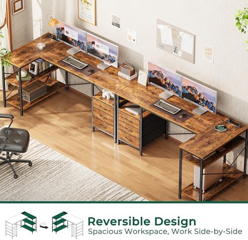 Huuger L Shaped Office Desk with Power Outlets & 3 Drawers