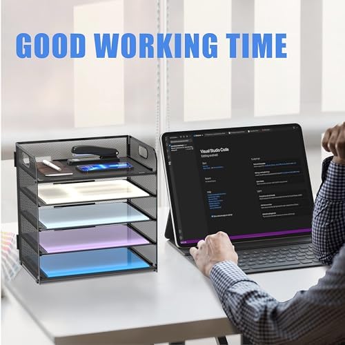 Supeasy 2 Pack 5-Tier Desk Organizer with Handle Mesh Desk File/Paper Organizer Letter Tray for Office, School, Classroom and Home Easy Installation, Black