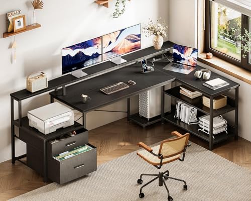 ODK 75" L Shaped Desk with File Drawers, Work from Home Office Desk with Power Outlet, Reversible Computer Desk with Storage Shelves, Gaming Desk with Monitor Shelf, Corner WFM Table, Black