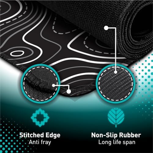 Pixiecube Minimalist Topographic Map Mouse Pad - Contour Extended Large Stitch Edge Mousepad. Black & White Non-Slip XXL Gaming Desk Mat